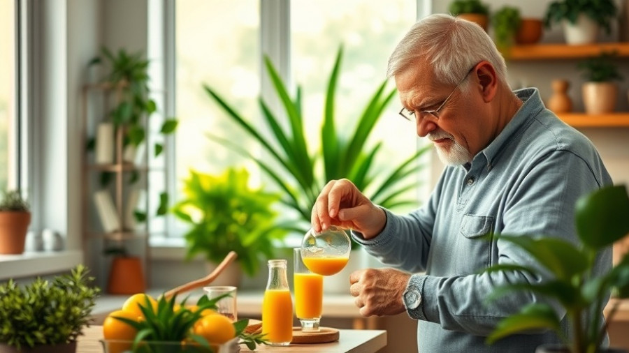 Elderly man preparing breakfast, related to immune system aging.
