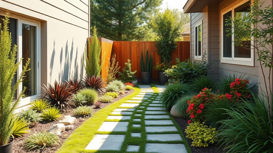 Modern sideyard patio design with stone path and lush plants.