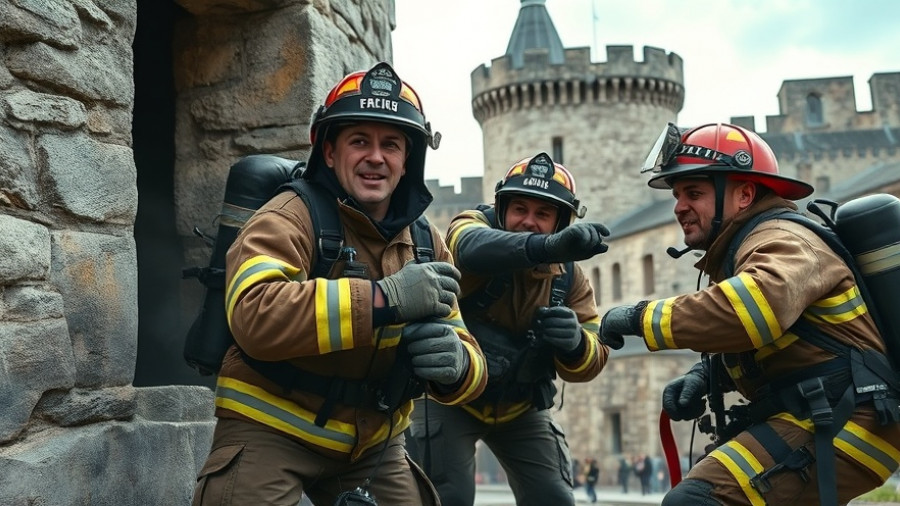 Firefighters addressing safety concerns during a medieval tower collapse.