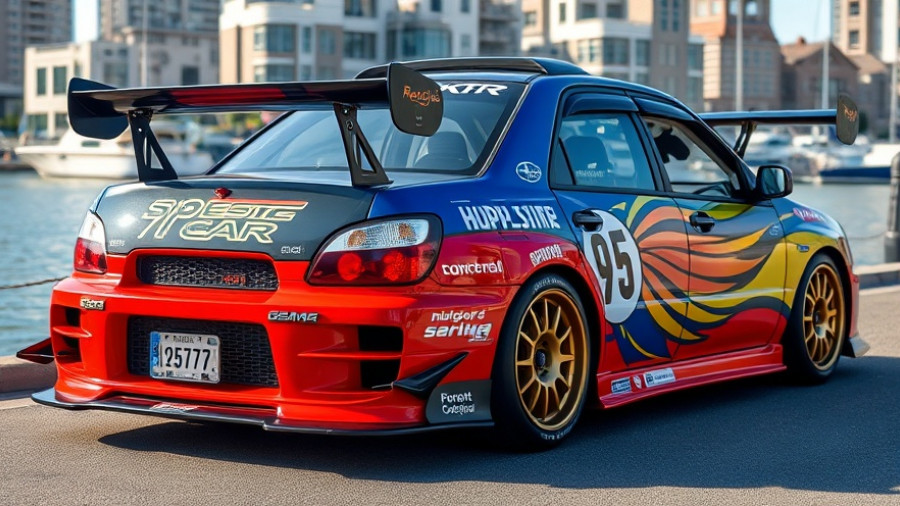 Vibrant Subaru Brat with 9500 RPM redline modification by waterfront.