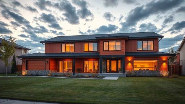 Modern home exterior design with evening lighting and wooden facade.