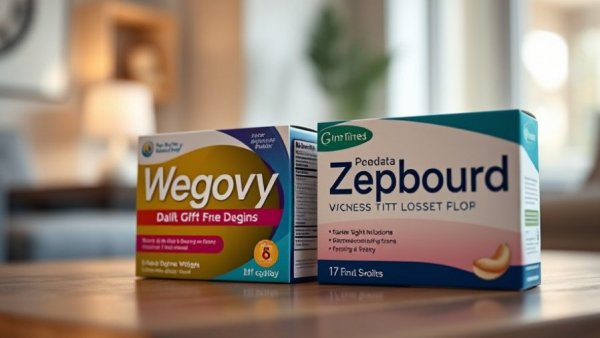 Close-up of Wegovy and Zepbound drug packaging highlighting text.