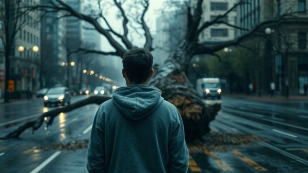 Tragedy tourism: person observing uprooted tree on an overcast street.