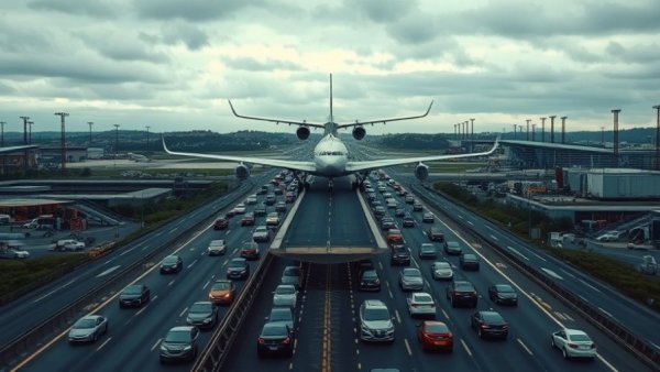 Airplane over highway amid traffic reflects FAA reducing air traffic by 10%