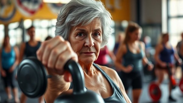 Older woman lifting kettlebell in gym, diabetes prevention linked to strength training.