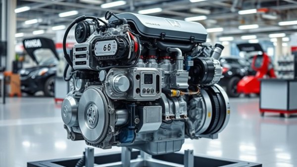 Detailed Honda V-6 Hybrid Engine under studio lighting.