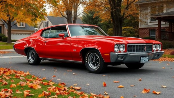 1972 Buick GS in a suburban driveway with autumn background.