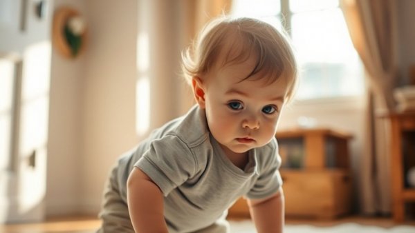 Curious toddler embraces first steps indoors, symbolizing aging journey.