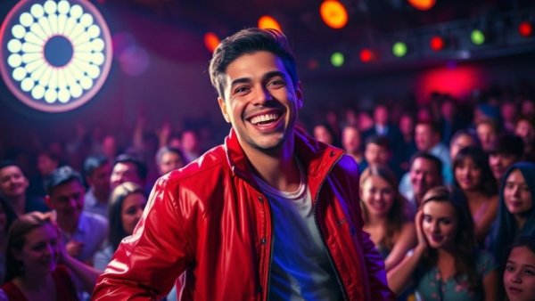 Energetic performer in a red jacket, Michael Jackson biopic scene.