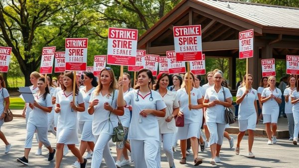 University Medical Center nurses strike with signs in outdoor setting.