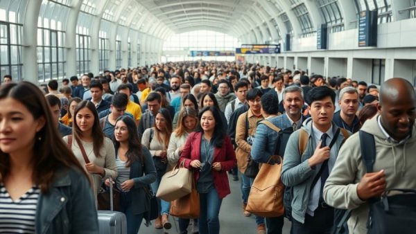 Flight chaos US airports: Travelers in crowded terminal.