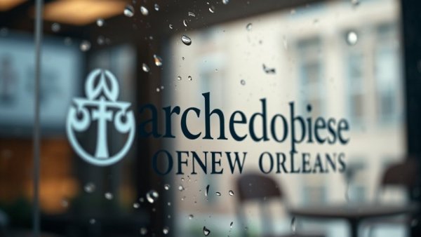 Close-up of Archdiocese of New Orleans logo on rainy glass.