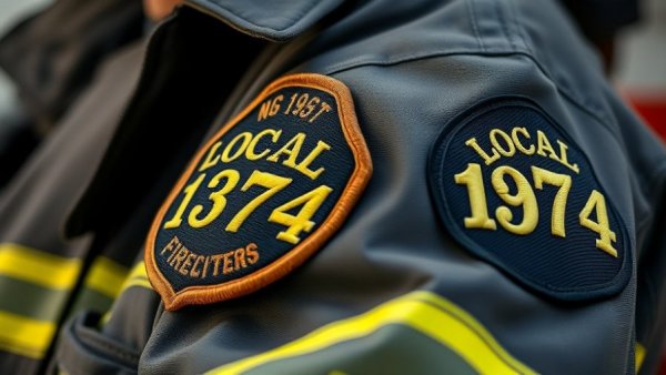 Jefferson Parish firefighter uniform close-up Local 1374 badge.