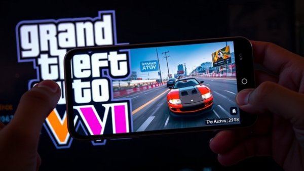 Smartphone with racing game beside vibrant Grand Theft Auto VI logo.