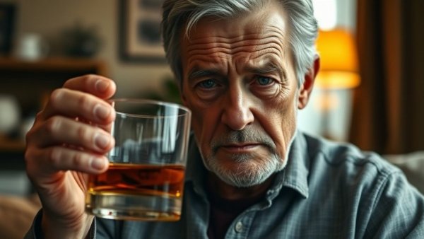 Concerned older man with whiskey glass, contemplating higher stroke risk from alcohol consumption.