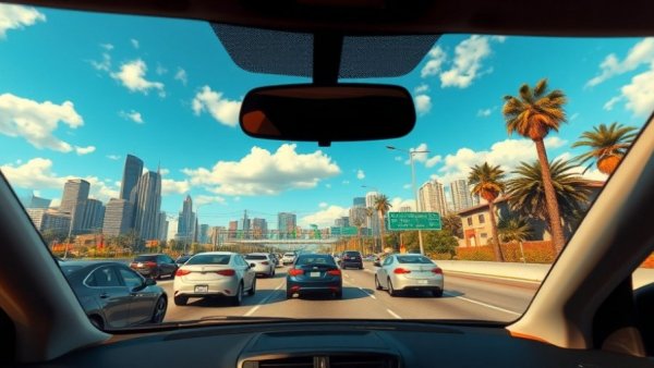 Highway scene depicting GTA 6 delay, cars and skyscrapers.