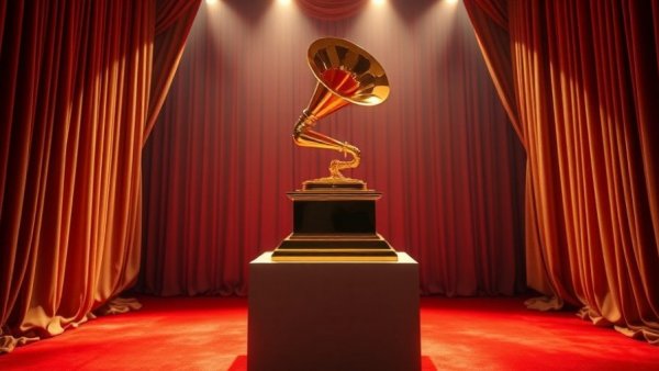 Dramatic view of Grammy trophy for Grammy 2026 nominations.