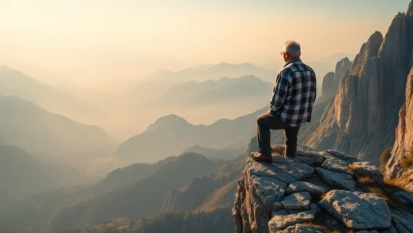 Elderly man enjoying mountain view, symbolizing healthy lifestyle after 75.