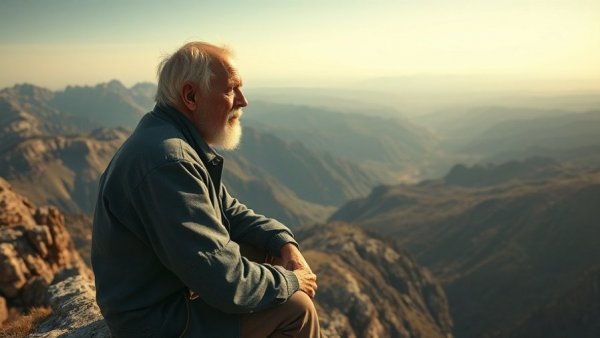 Older man sits contemplatively at the edge of a cliff, symbolizing health cliff at 75.
