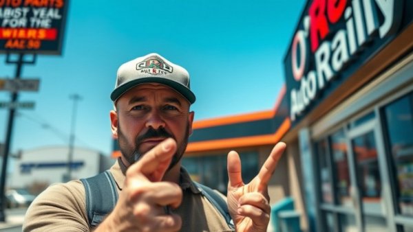 Man outside an O'Reilly Auto Parts store on a sunny day.