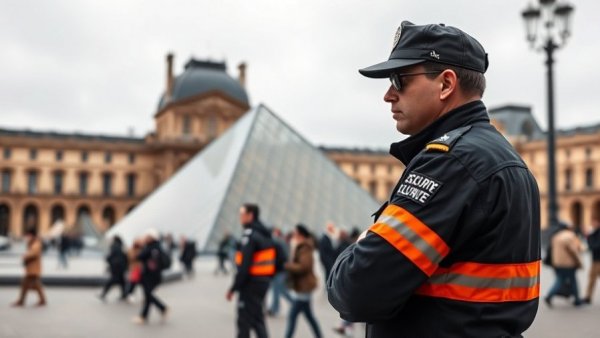 Security personnel monitoring Louvre entrance amid visitor crowd.