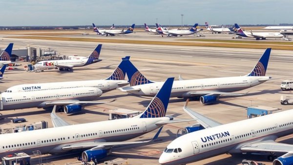 United Airlines planes at Houston airport terminal with FedEx planes in background.