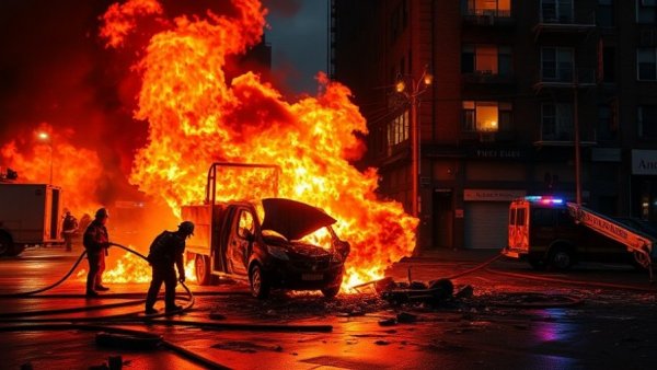 UPS plane crash investigation site with fire and rescue teams.