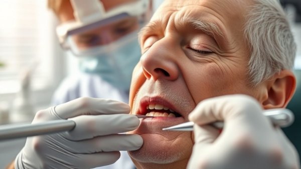 Elderly man receiving dental care in clinic, related to treating gum disease and cardiovascular risk.