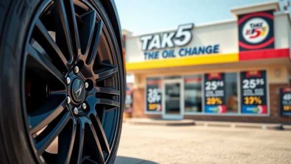 Take 5 Oil Change shop exterior with promotional banners and car tire.