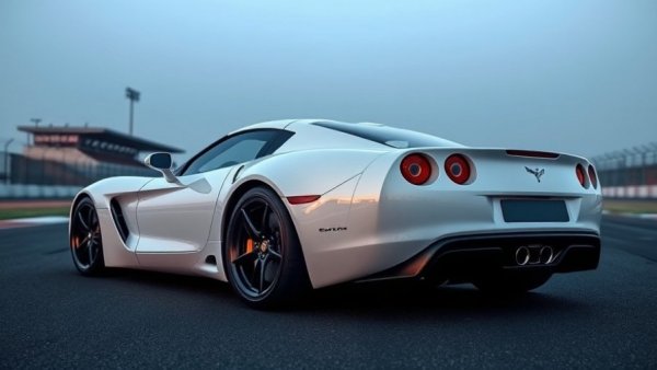 White sports car with sugar skull decal parked under dusky sky.