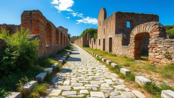 Ancient Roman road mapping with stone path and ruins under blue sky.