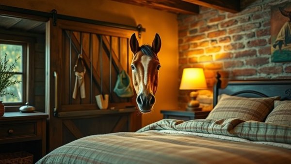 Miniature horse Airbnb experience - cozy room with rustic charm.