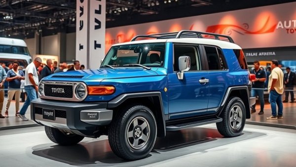 Toyota Land Cruiser FJ on display at an exhibition with spectators.