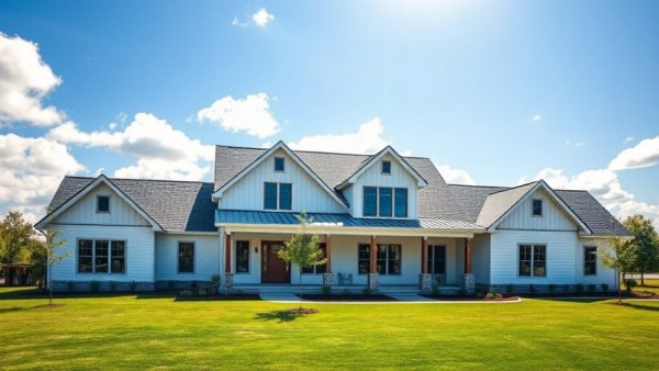 Modern farmhouse design with gabled roof and lush lawn.
