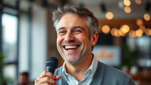 A cheerful man holding a microphone indoors.