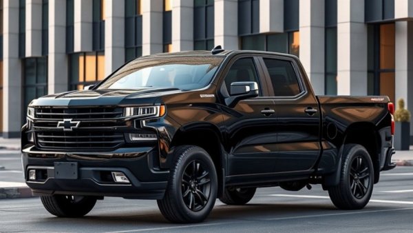 2026 Chevy Silverado with a manual transmission, parked in front of modern building.