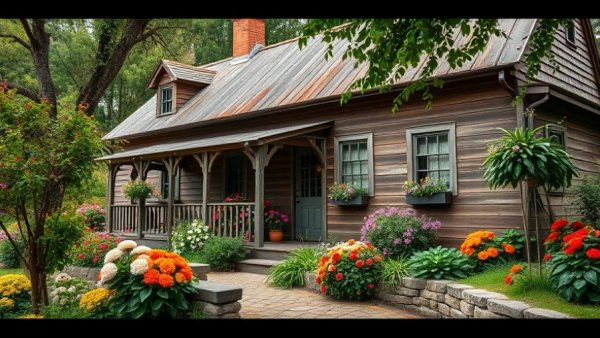 Rustic antique farmhouse nestled in lush gardens, vintage charm.