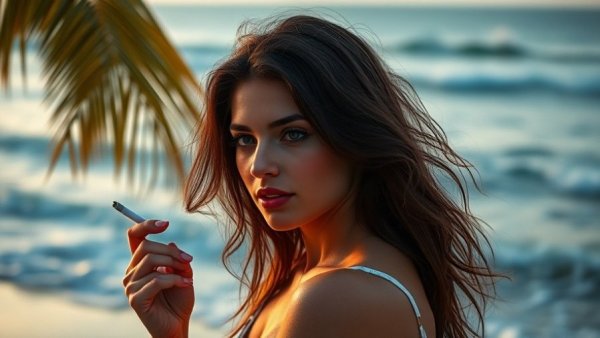 Tobacco sale ban in Tiburon: serene beach scene with a woman holding a cigarette.