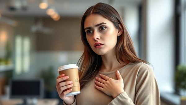 Woman holding coffee examining heart health in office, daily coffee heart health.