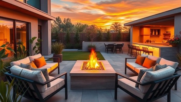 Modern hardscaping ideas for backyard patio with fire pit at sunset.