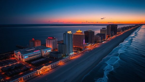 Vibrant Atlantic City skyline at twilight with ocean view, best things to do in Atlantic City.