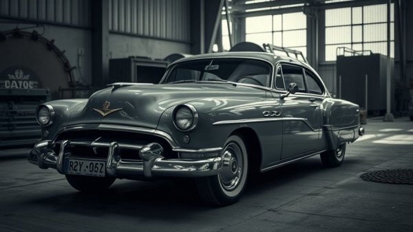 Classic vintage car in industrial setting, automotive news.