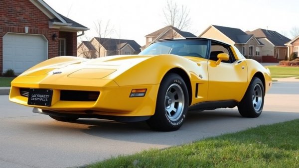 1980 Chevrolet Corvette parked in suburban driveway, bright yellow.