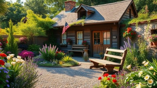 Rustic garden style with cottage and colorful flowers