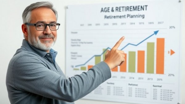 Middle-aged man discussing retiring at 55 vs 60 vs 65 with a graphic chart.