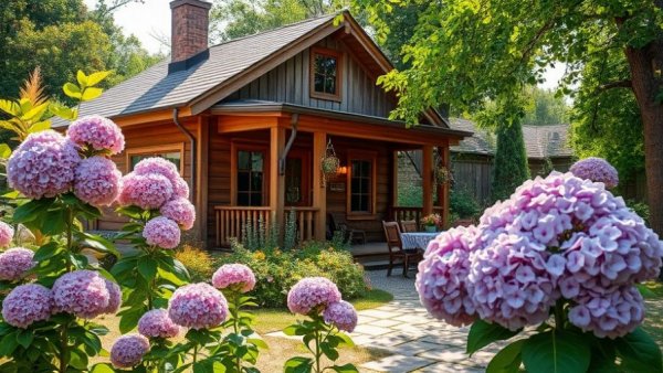 Charming rustic garden with sustainable ideas featuring a wooden house.