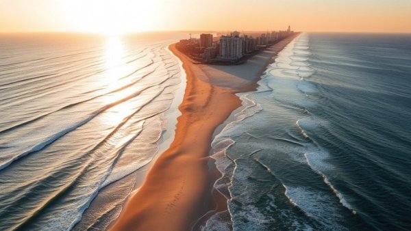 Aerial view of Virginia Beach showcasing sunrise over the coastline.