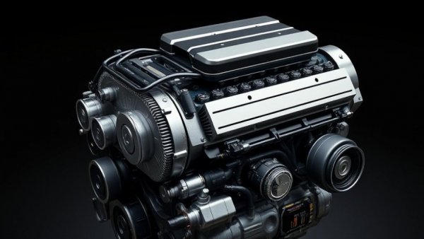 High-performance four-cylinder engine with polished components on display.