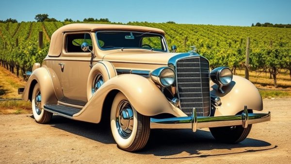 Vintage 1934 Cadillac in vineyard, showcasing European design influence.