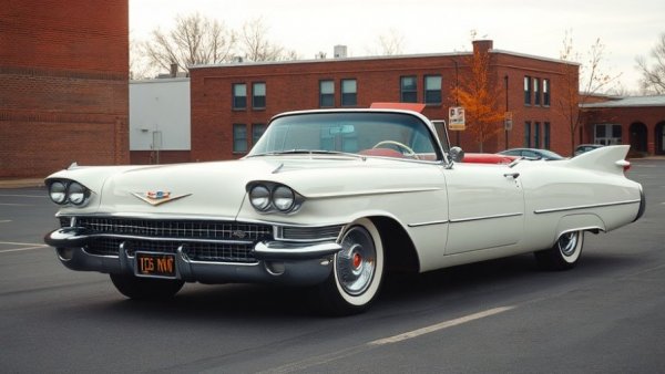 Vintage white Cadillac convertible in an empty lot, buy used cars